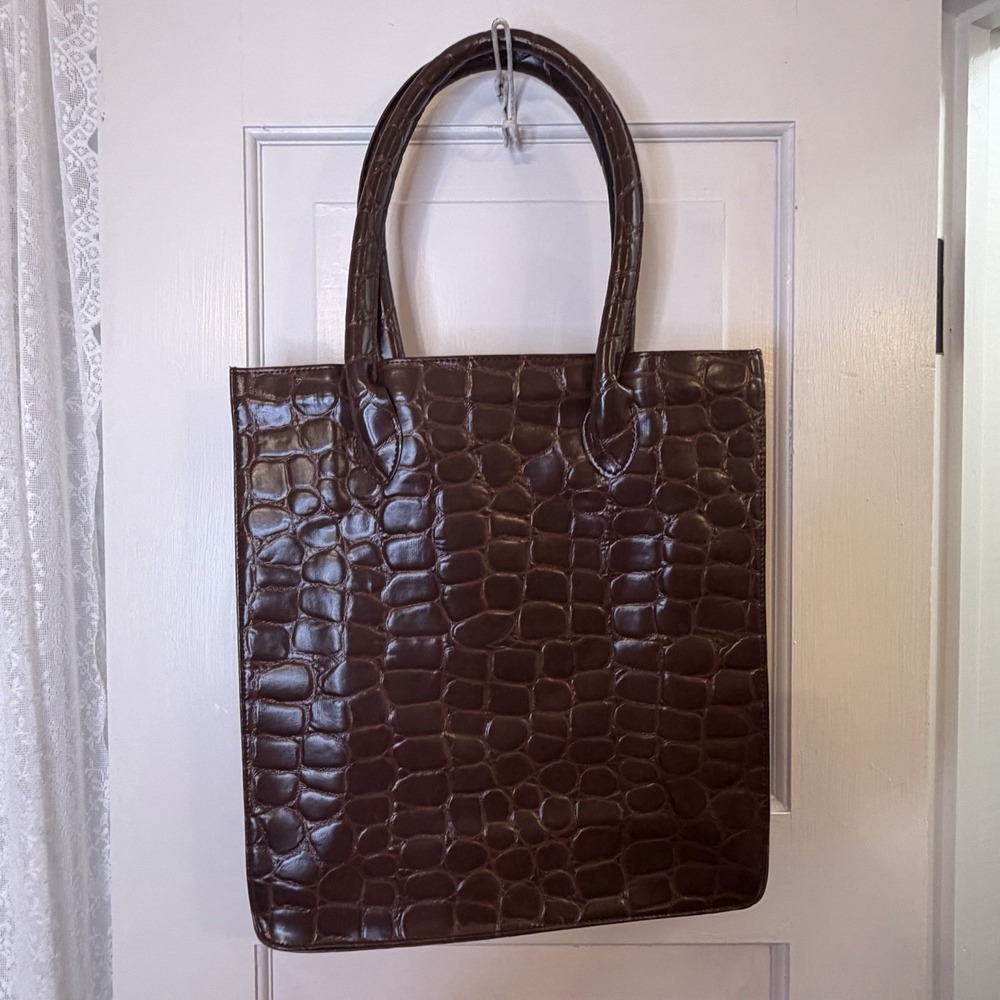 NEW 90s Ralph‎ Lauren Safari Croc-Embossed Faux Leather Tote Bag Luggage Brown - Picture 2 of 6